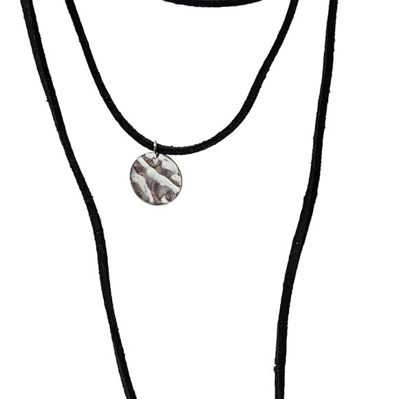 Boho Silver Tone Disc Pendants Double Strand Black Cord Necklace Fashion Jewelry - Picture 3 of 5